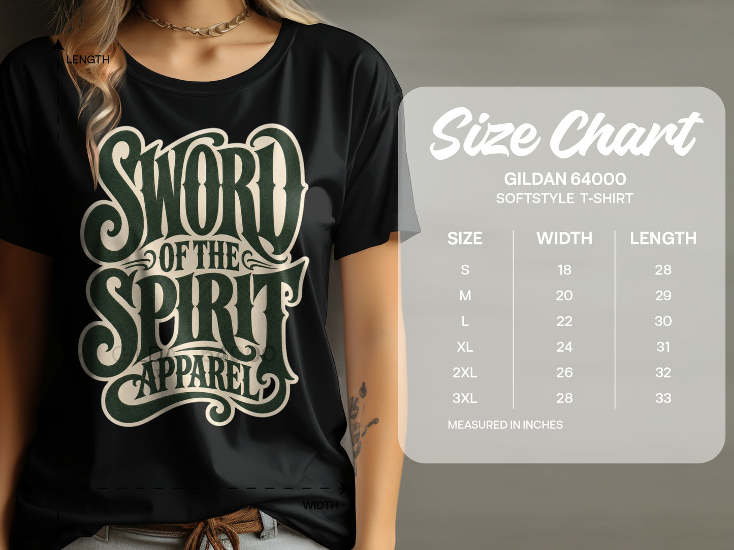 Black t-shirt with "Sword of the Spirit Apparel" graphic and size chart.