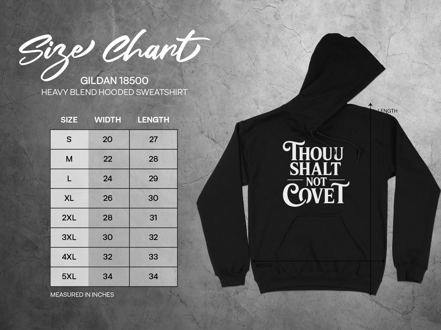 Gildan 18500 heavy blend hooded sweatshirt size chart with width and length measurements.