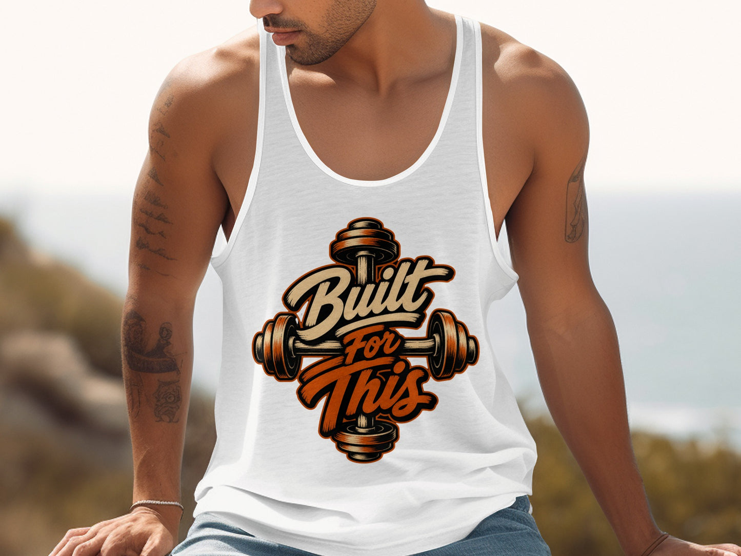 White tank top with "Built For This" text and dumbbell graphic.