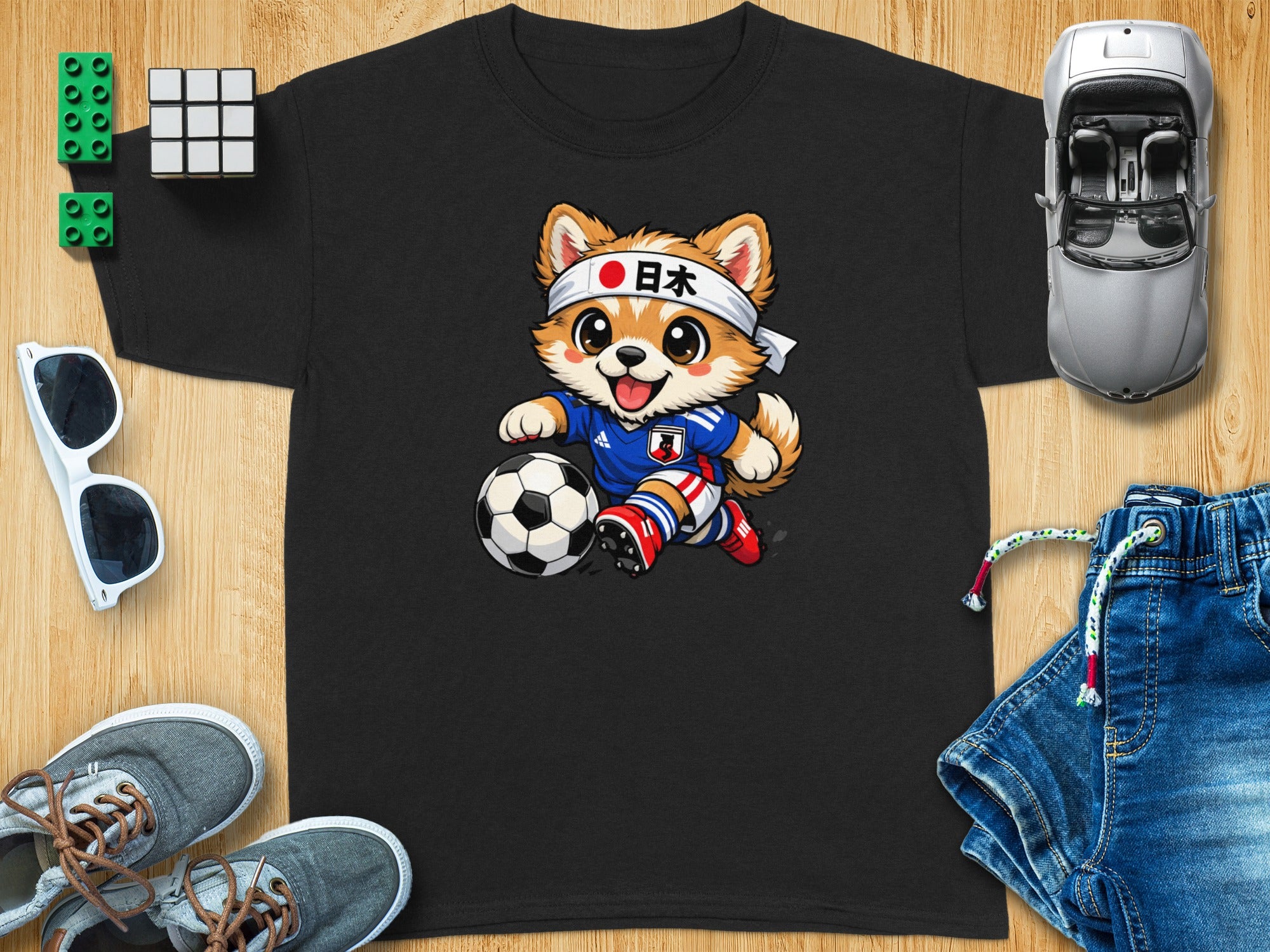 Black t-shirt with cartoon dog wearing headband with Japanese text, kicking soccer ball.