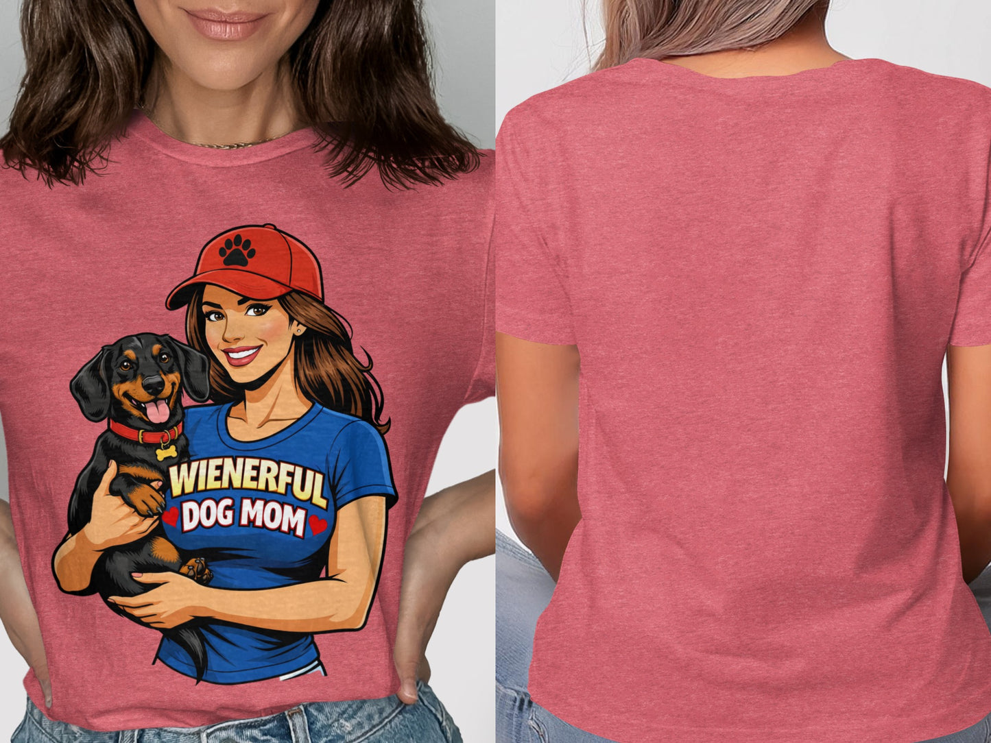 T-shirt with "Wienerful Dog Mom" graphic and a woman holding a dachshund.