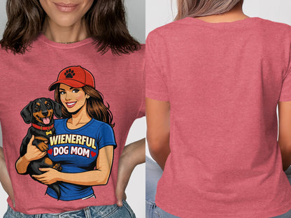 T-shirt with "Wienerful Dog Mom" graphic and a woman holding a dachshund.
