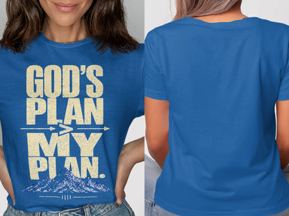 Blue t-shirt with text "God's Plan My Plan" and mountains graphic.