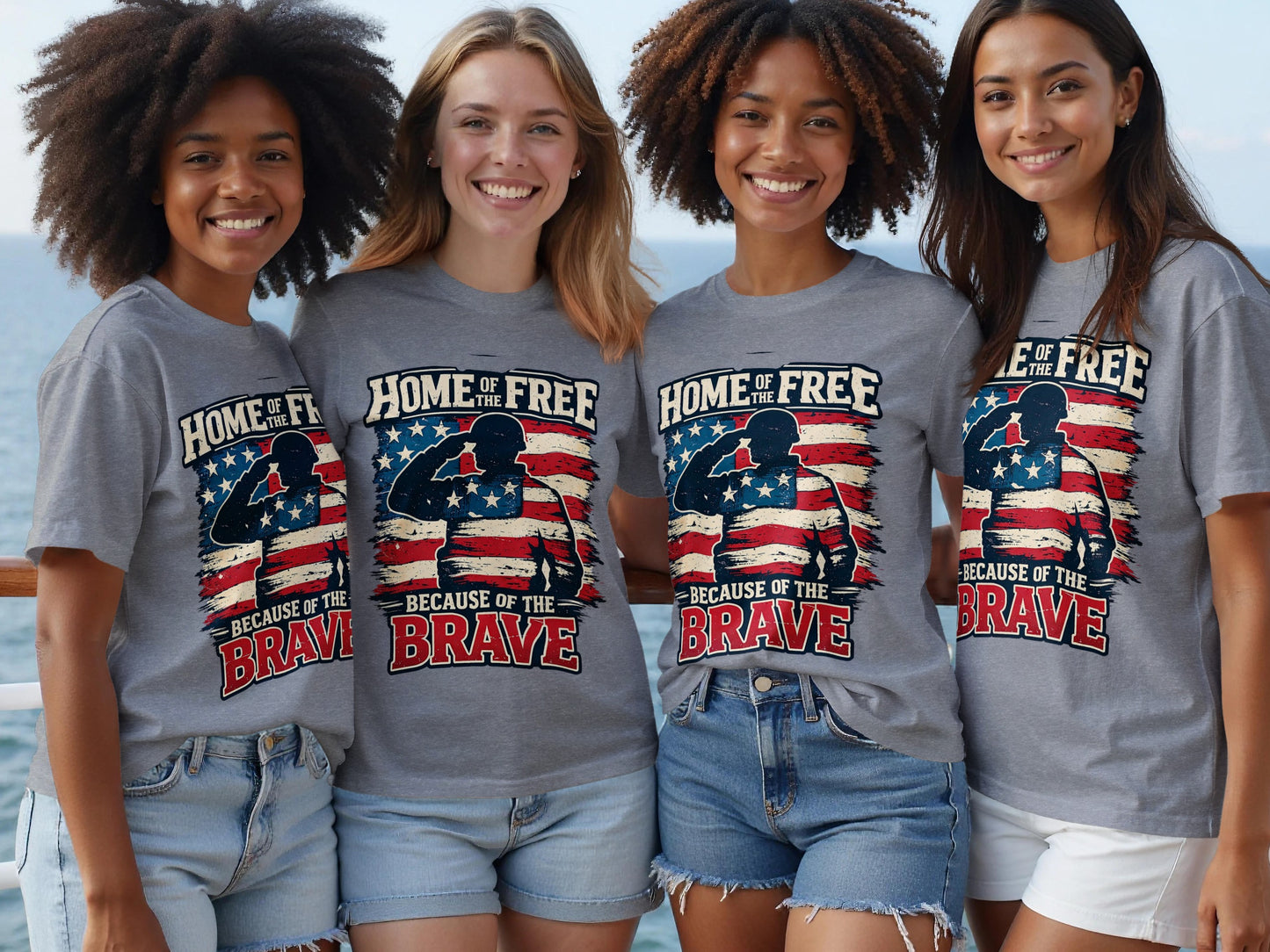 Four women wear t-shirts with a soldier saluting the American flag and the text "Home of the Free Because of the Brave".