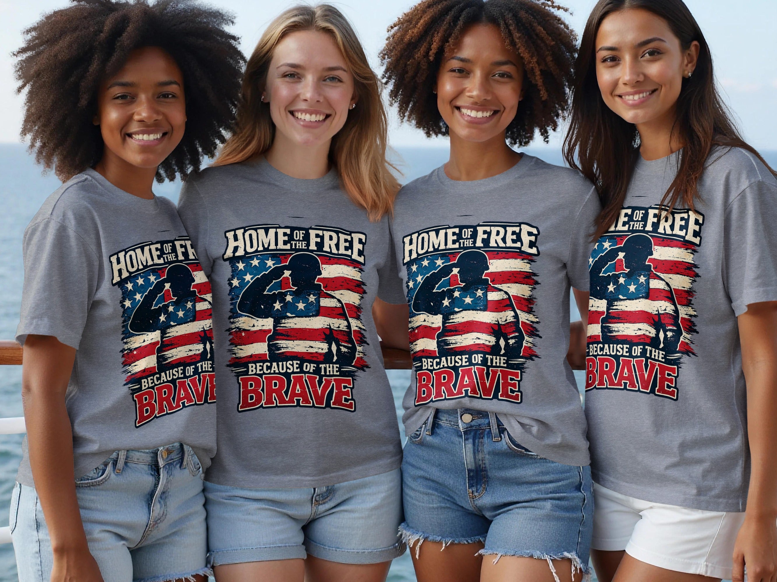 Four women wear t-shirts with a soldier saluting the American flag and the text "Home of the Free Because of the Brave".