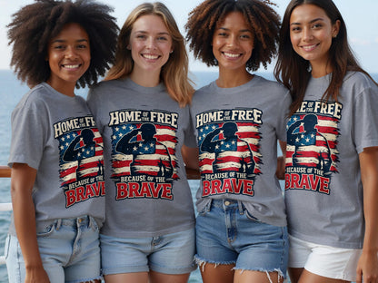 Four women wear t-shirts with a soldier saluting the American flag and the text "Home of the Free Because of the Brave".