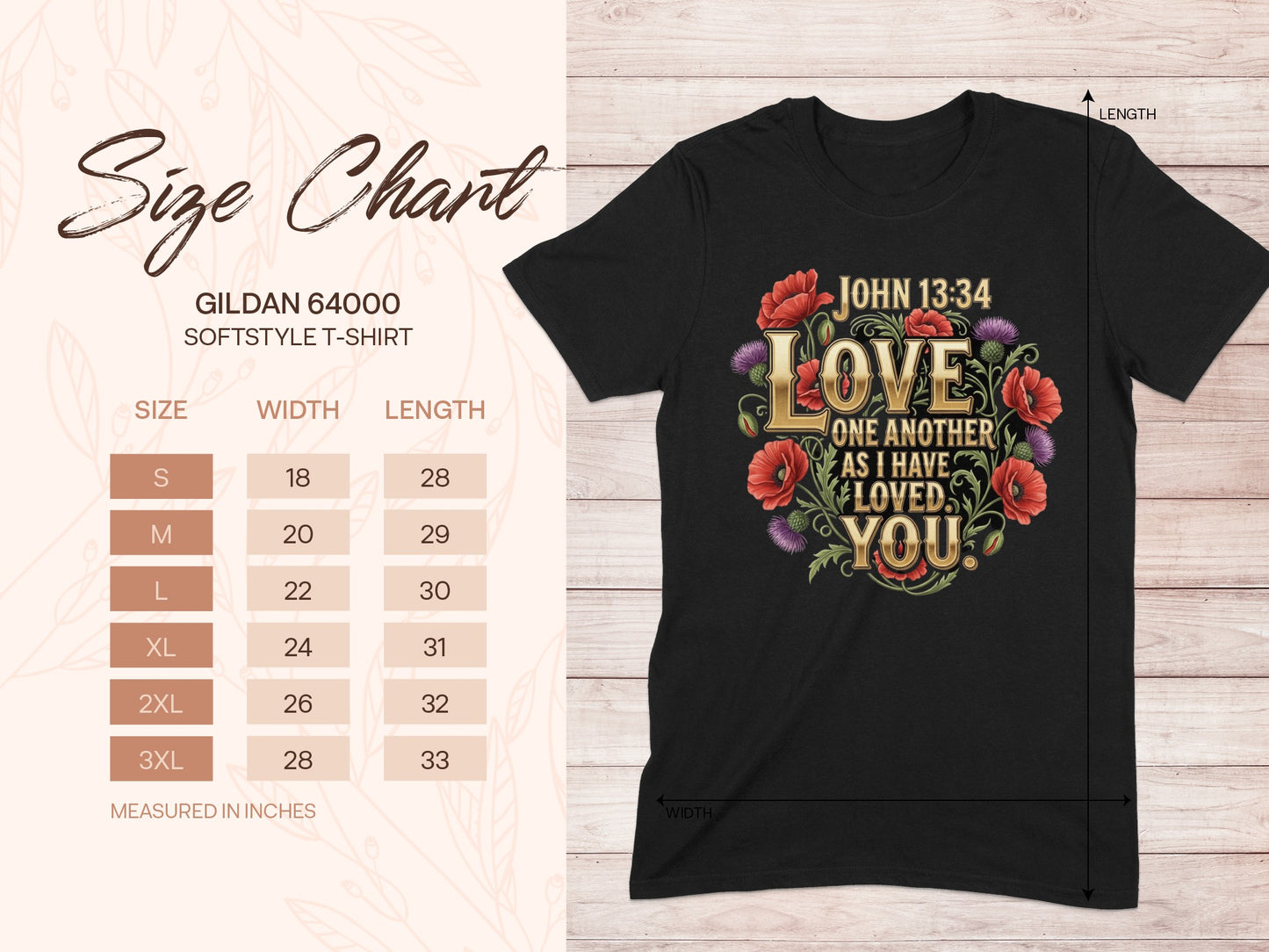 Size chart for Gildan 64000 softstyle t-shirt with "Love One Another" design.