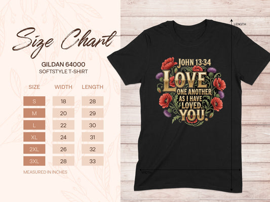 Size chart for Gildan 64000 softstyle t-shirt with "Love One Another" design.