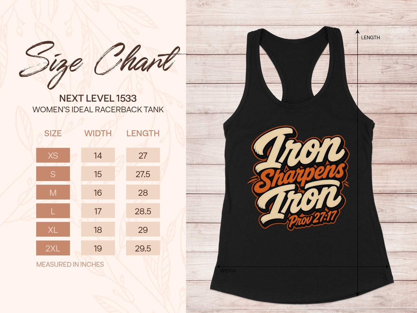 Next Level 1533 women's tank size chart with "Iron Sharpens Iron" graphic.