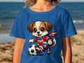 Cartoon dog wearing USA soccer uniform kicks soccer ball on beach.