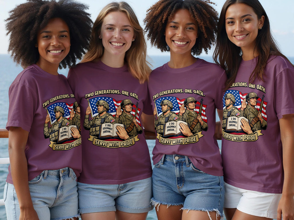 Four women modeling plum t-shirts with a graphic of two soldiers and the text "Two Generations. One Oath."