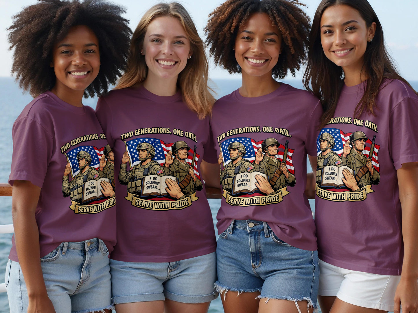 Four women modeling plum t-shirts with a graphic of two soldiers and the text "Two Generations. One Oath."