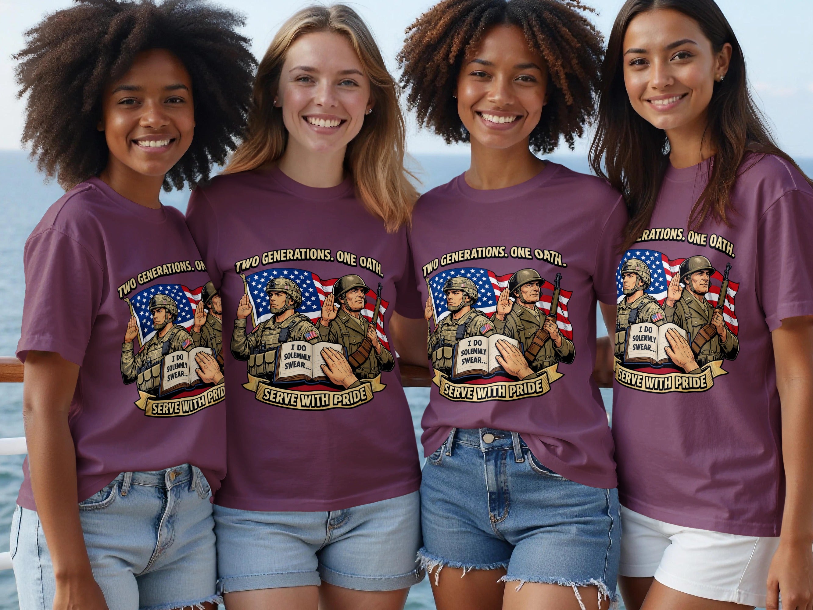 Four women modeling plum t-shirts with a graphic of two soldiers and the text "Two Generations. One Oath."