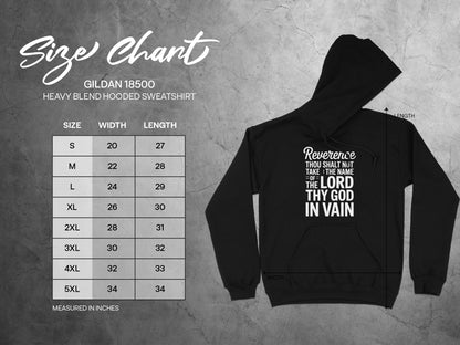 Gildan 18500 Heavy Blend Hooded Sweatshirt size chart with width and length measurements.