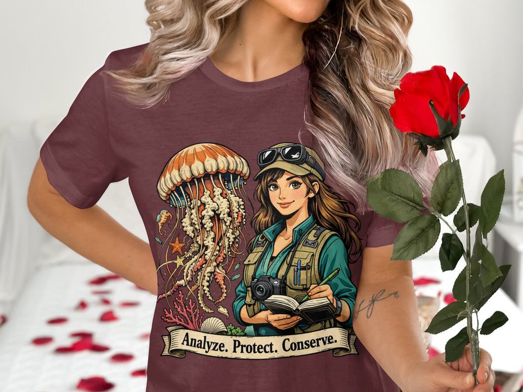 Woman in maroon shirt with graphic of jellyfish, diver, and "Analyze. Protect. Conserve." text.