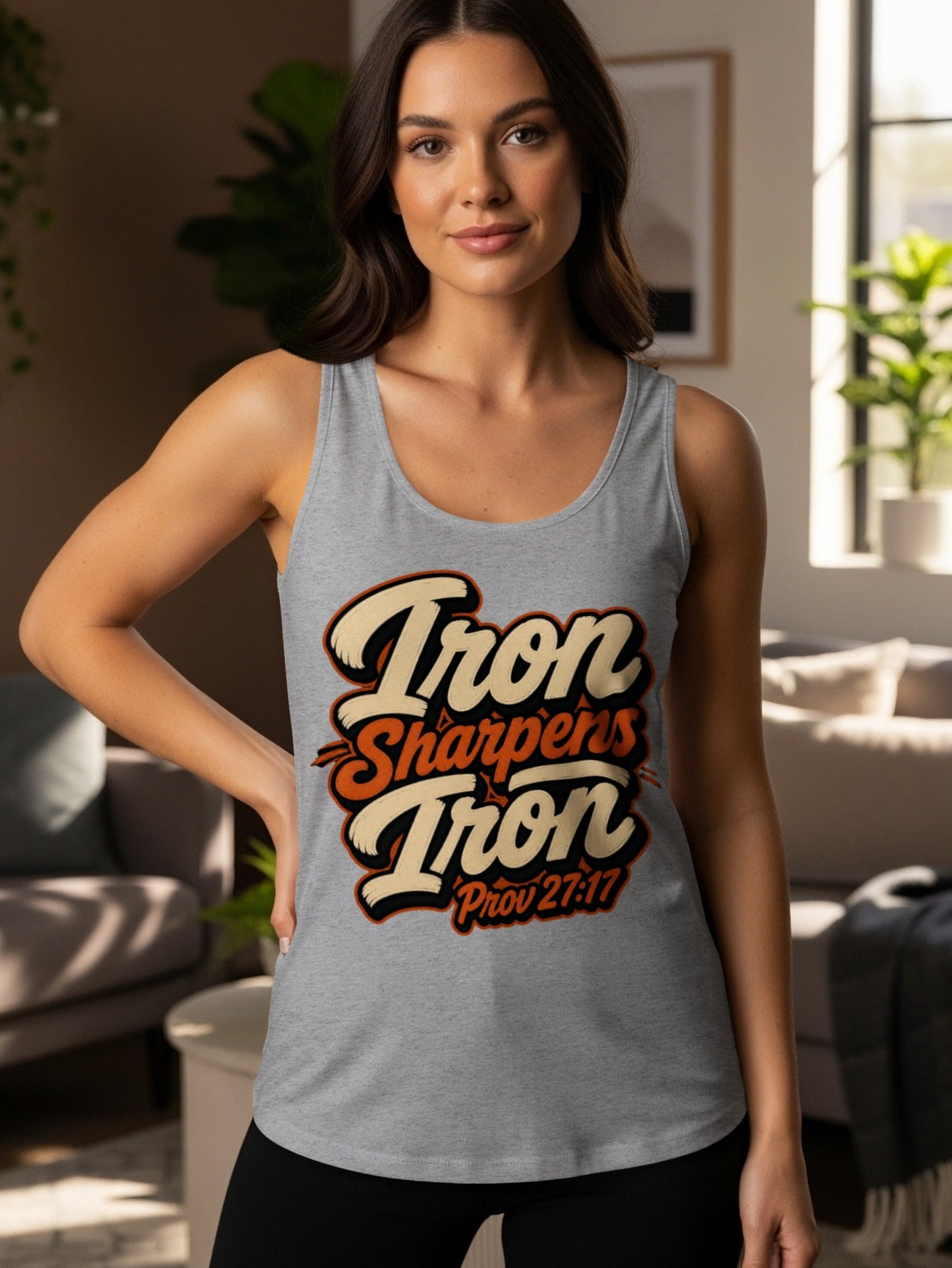 Grey tank top with "Iron Sharpens Iron" text and Proverbs 27:17.
