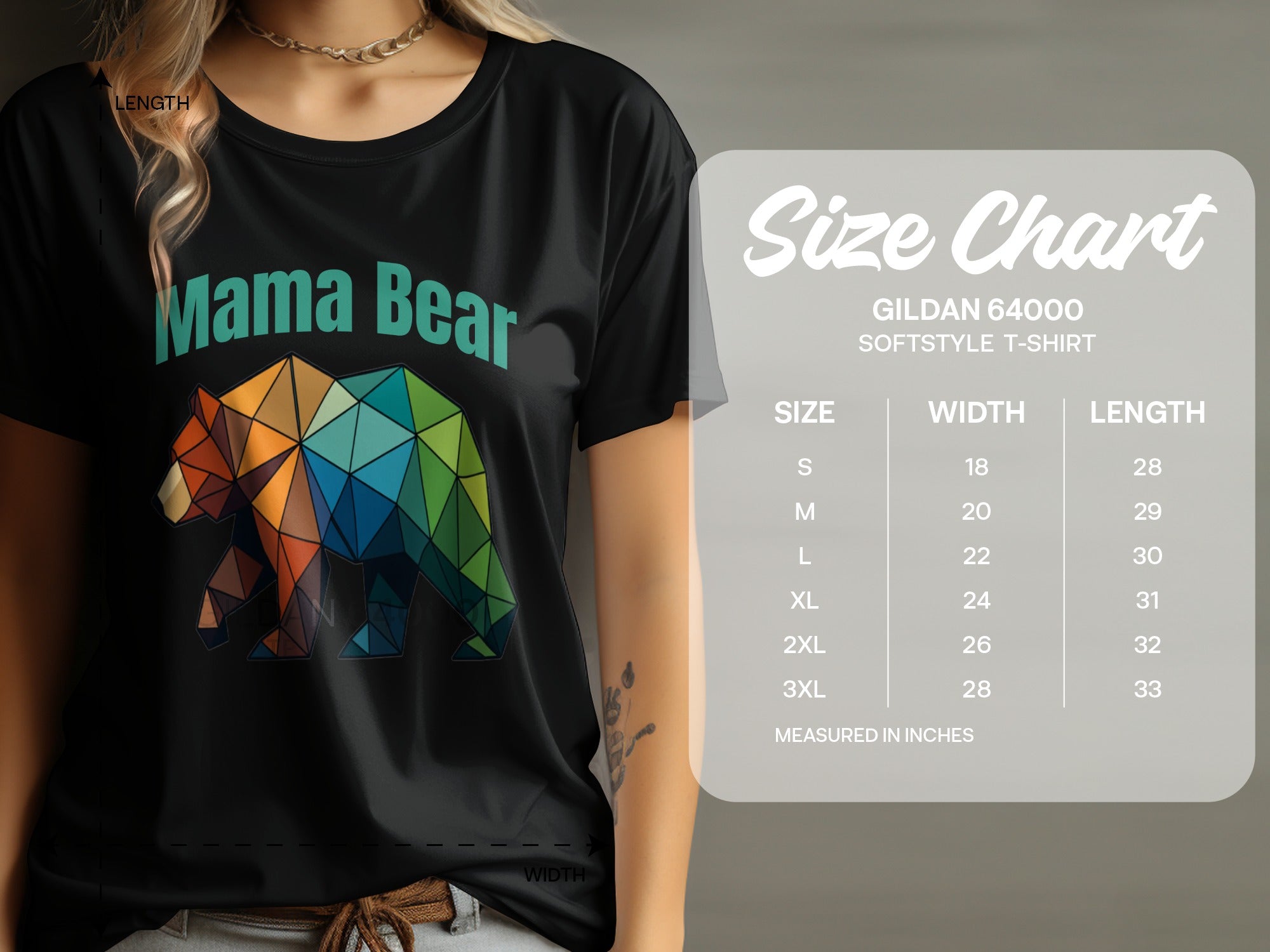 Black t-shirt with "Mama Bear" and a geometric bear. Includes Gildan 64000 size chart.