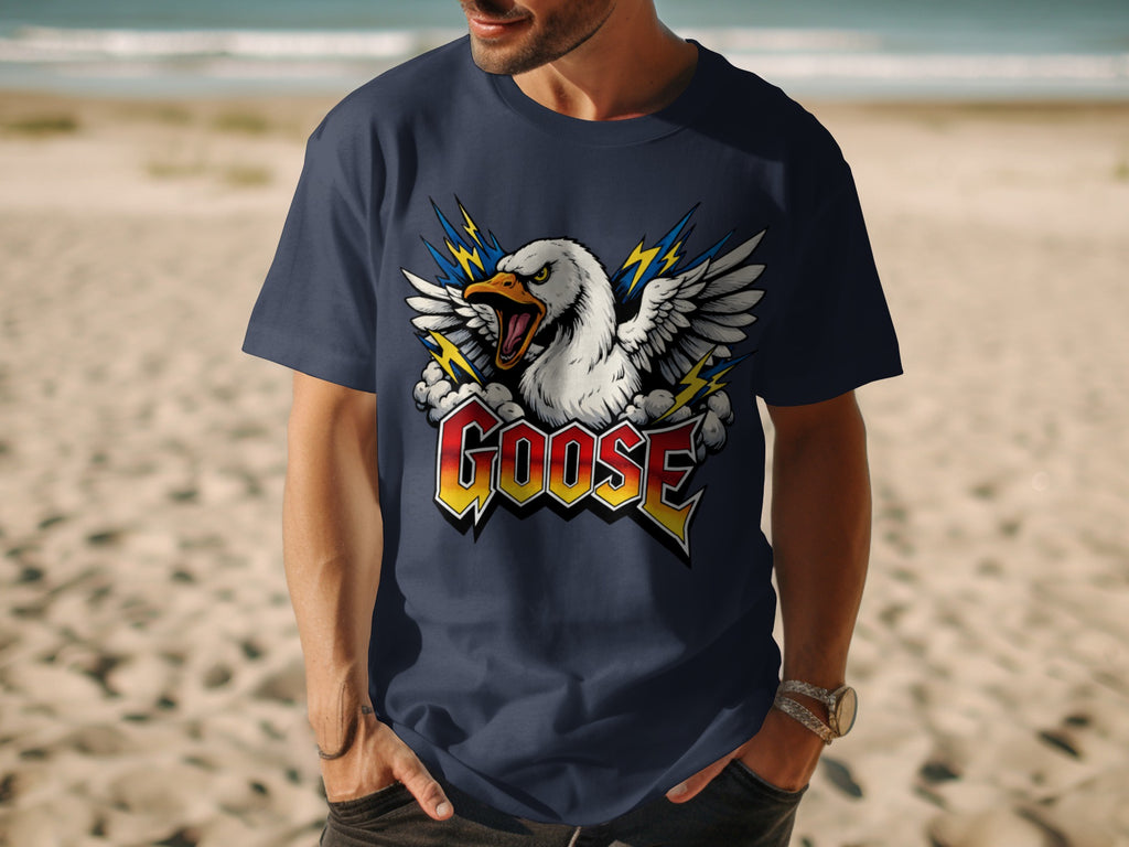 Navy t-shirt with aggressive goose graphic and "GOOSE" text.