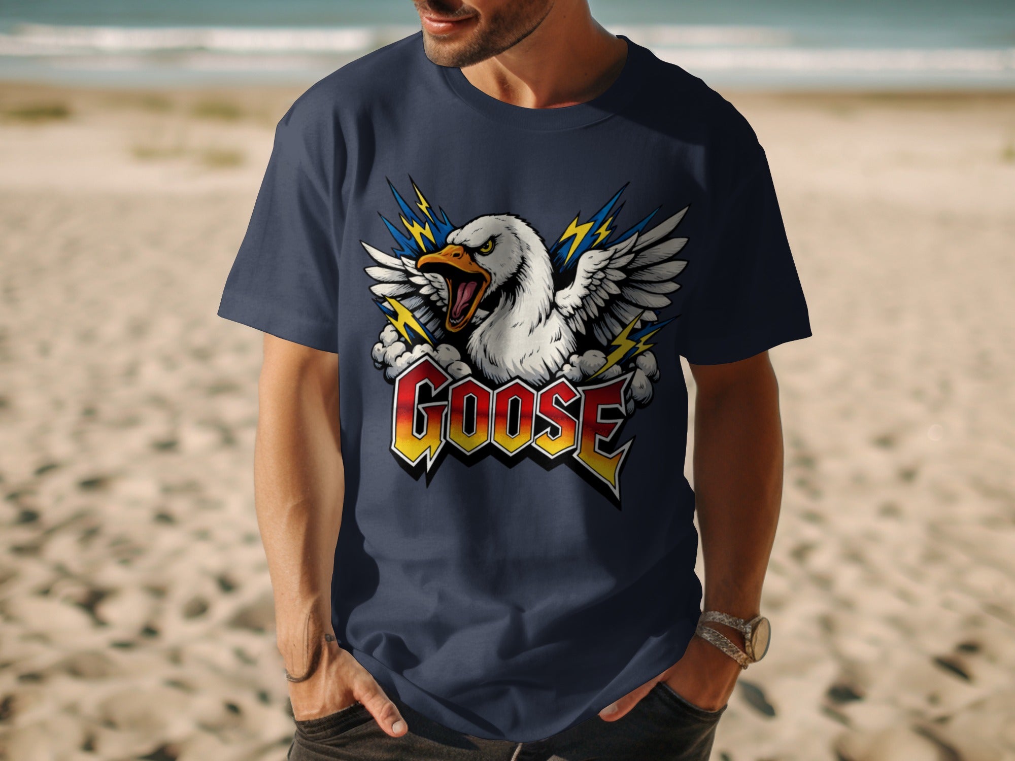 Navy t-shirt with aggressive goose graphic and "GOOSE" text.