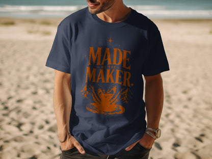 Navy t-shirt with orange "Made by the Maker" text and pottery graphic.