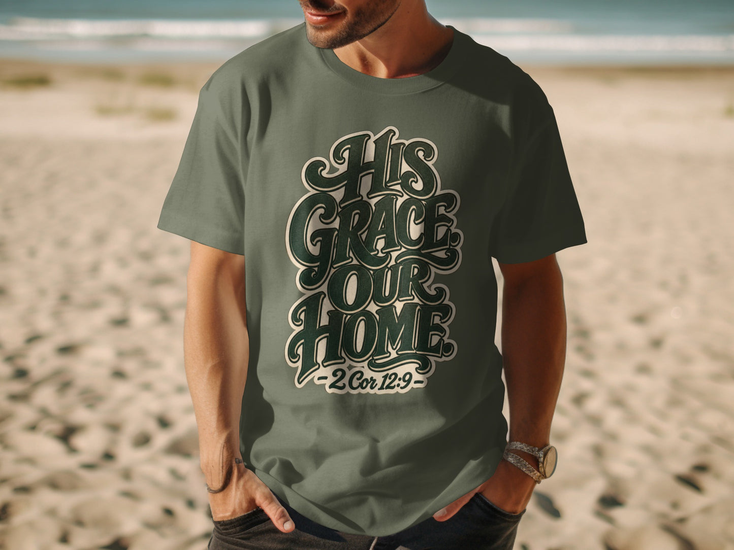 Green t-shirt with "His Grace Our Home" and "2 Cor 12:9" text.