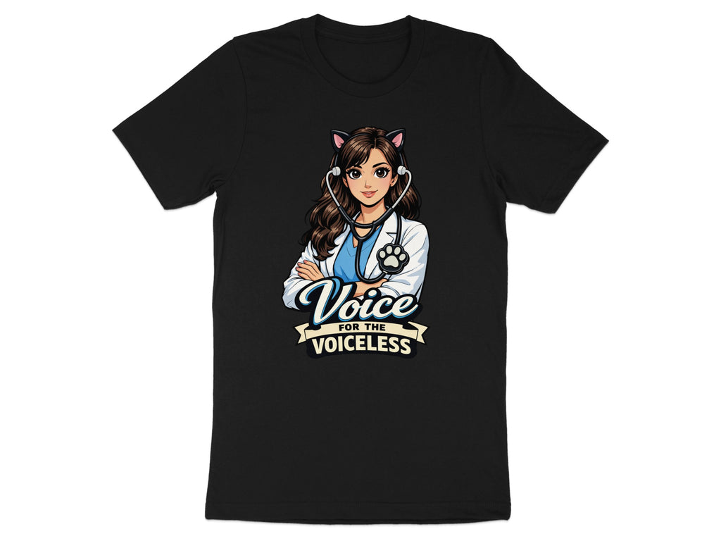 Black t-shirt with illustration of woman in lab coat, cat ears, and stethoscope, reading "Voice for the Voiceless".