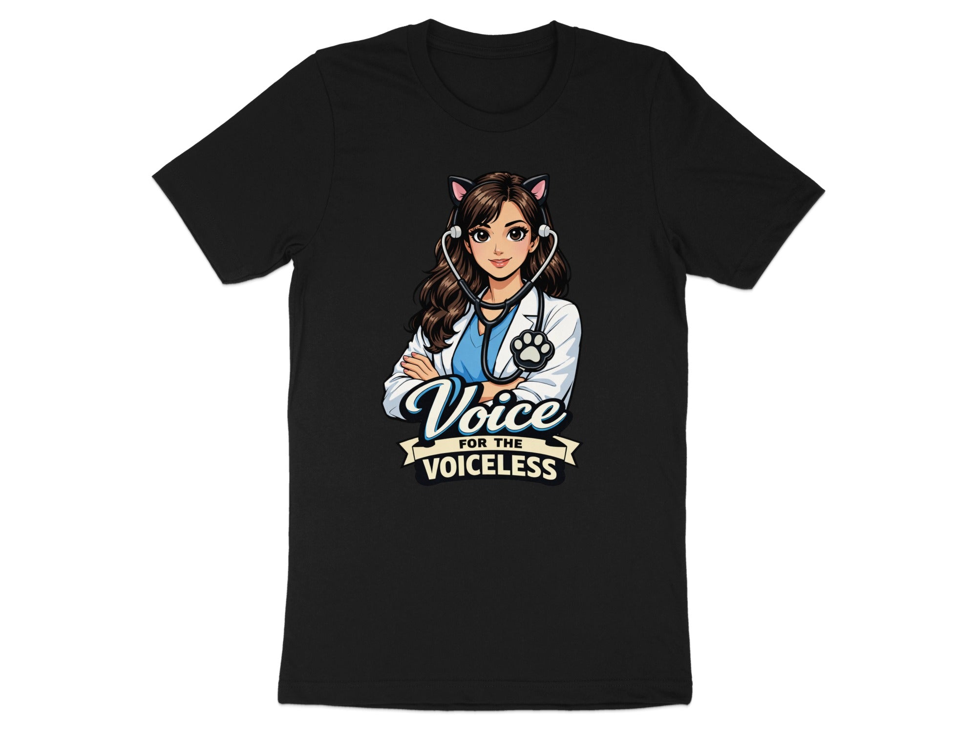 Black t-shirt with illustration of woman in lab coat, cat ears, and stethoscope, reading "Voice for the Voiceless".