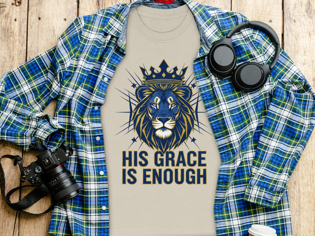 T-shirt with lion and crown graphic and text "HIS GRACE IS ENOUGH".