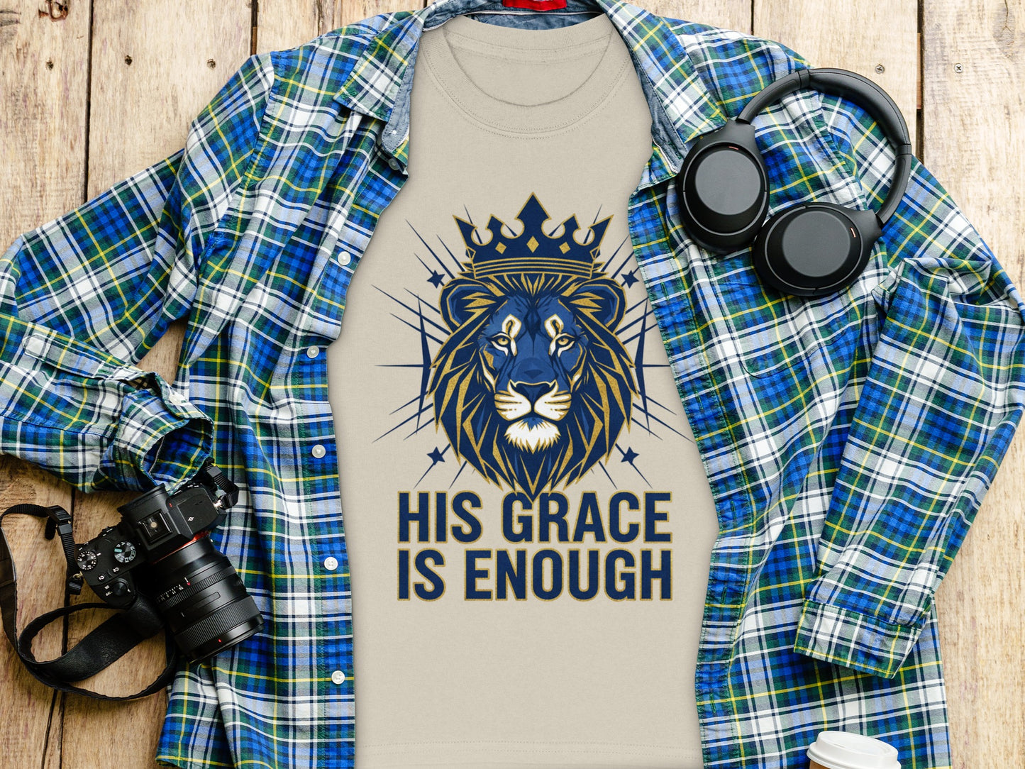 T-shirt with lion and crown graphic and text "HIS GRACE IS ENOUGH".