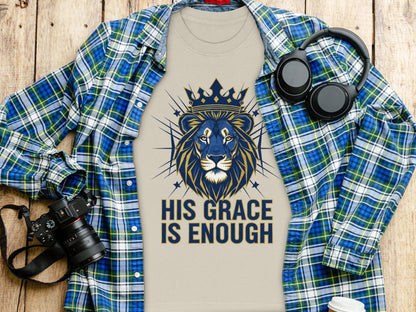 T-shirt with lion and crown graphic and text "HIS GRACE IS ENOUGH".