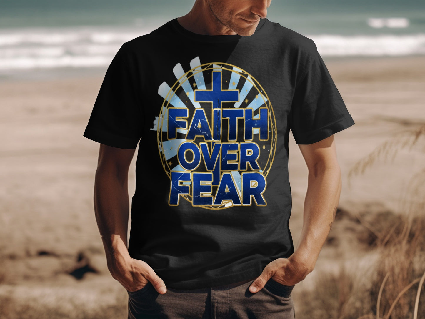 Black t-shirt with blue text "FAITH OVER FEAR" and a blue cross design.