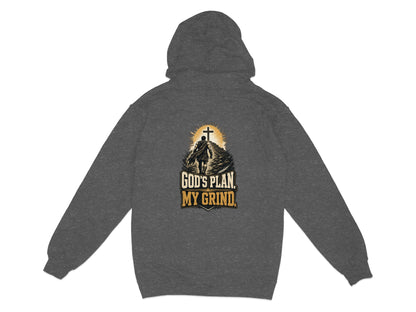 Dark grey hoodie back graphic with a man walking towards a cross and text "GOD'S PLAN. MY GRIND."