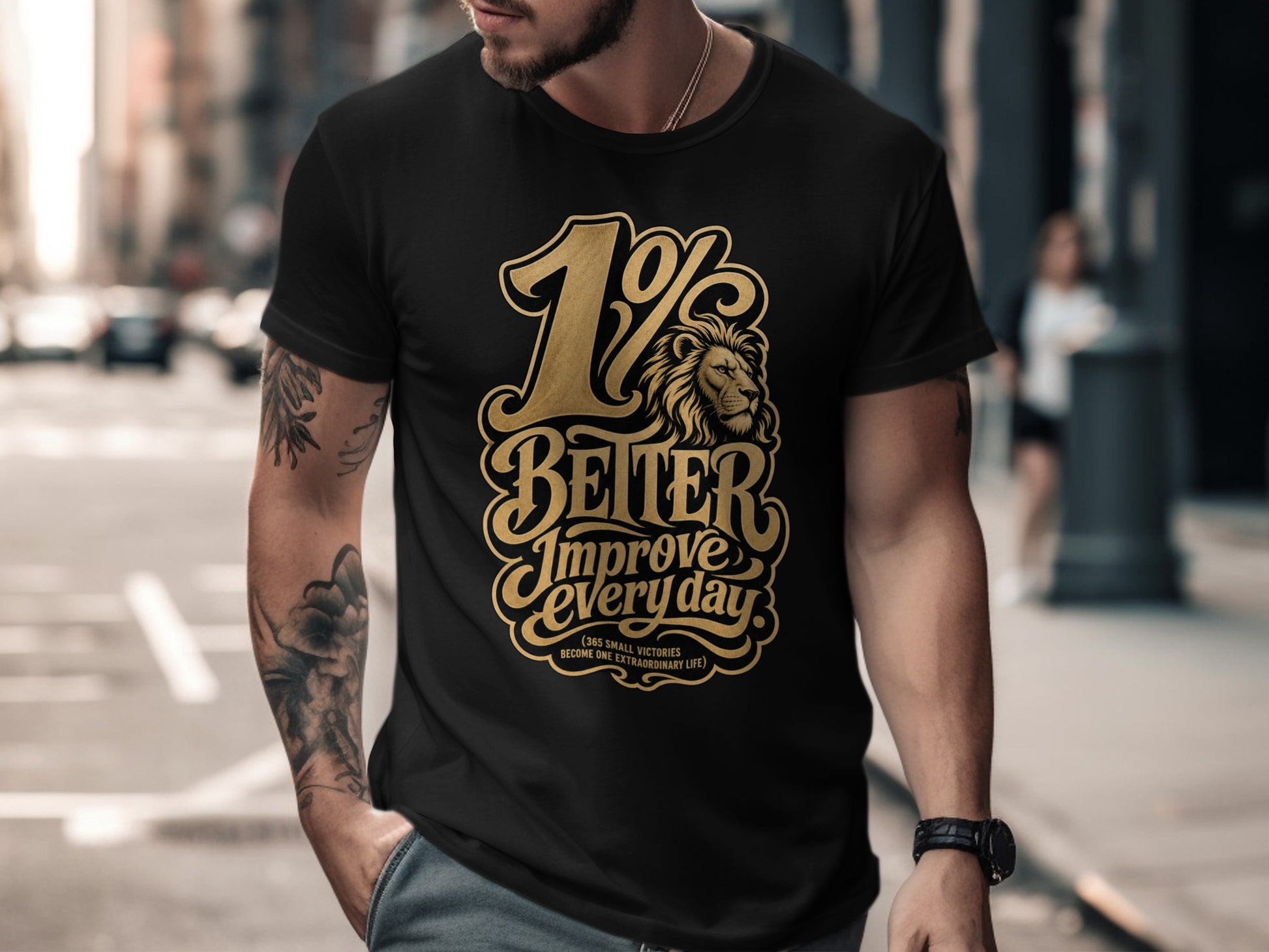 Black t-shirt with gold text "1% Better Improve every day".