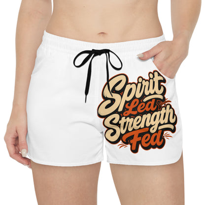 White shorts with text graphic "Spirit Led Strength Fed"