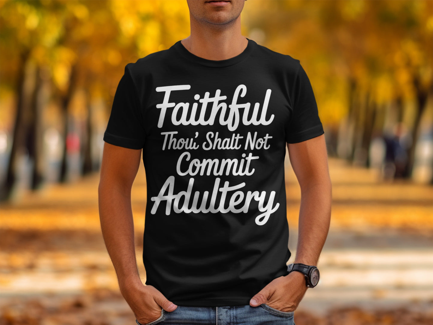Black t-shirt with white text reading "Faithful Thou' Shalt Not Commit Adultery".
