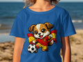 Cartoon dog wearing Spanish soccer uniform kicking a ball.