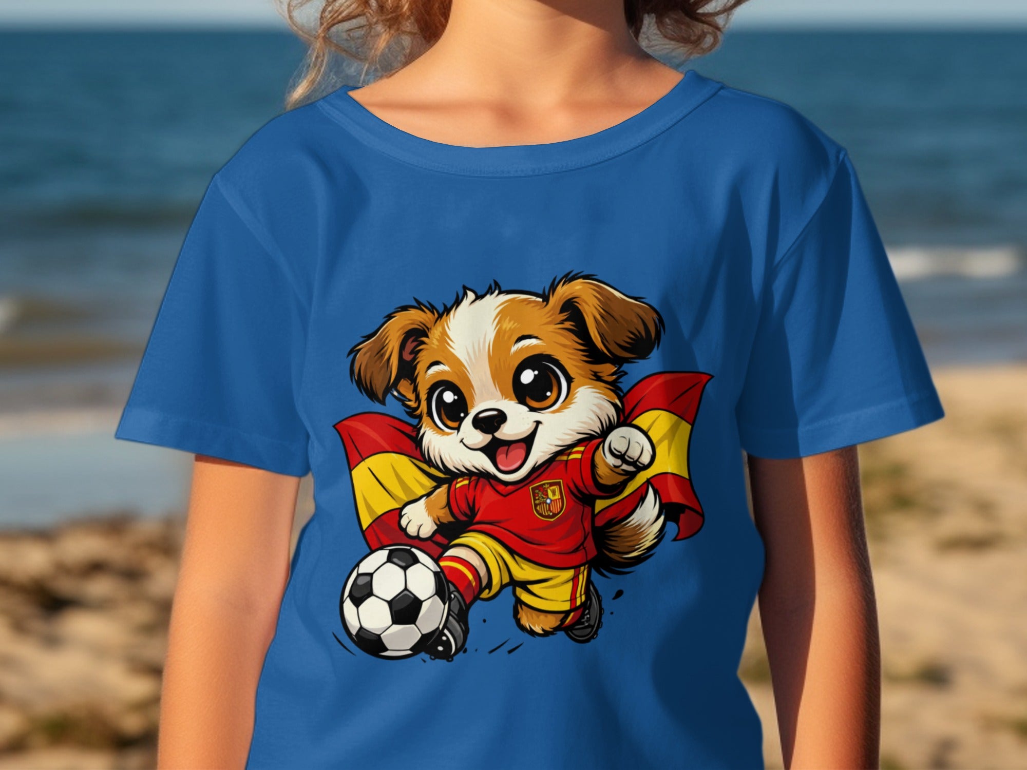 Cartoon dog wearing Spanish soccer uniform kicking a ball.