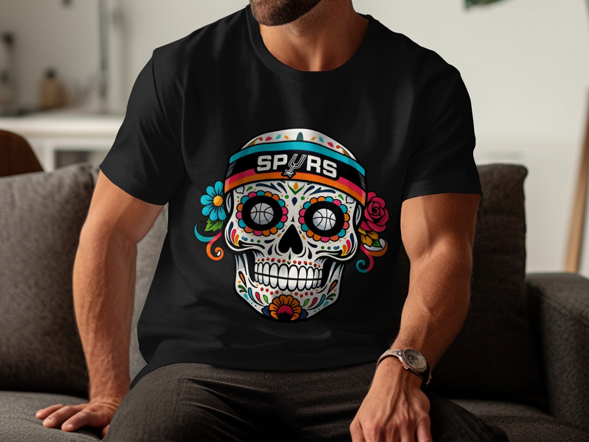 Black t-shirt with decorated skull featuring Spurs logo and basketball eyes.