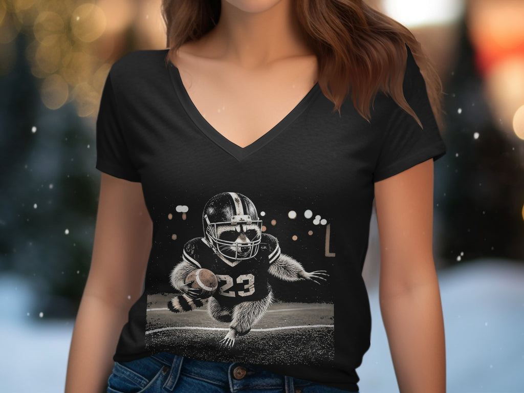 T-shirt with a raccoon in a football uniform running with a ball.