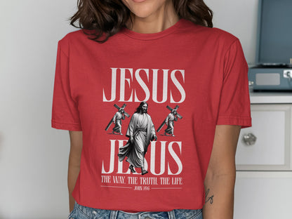 Red t-shirt with Jesus walking, carrying cross, text: "JESUS, THE WAY, THE TRUTH, THE LIFE JOHN 14:6"