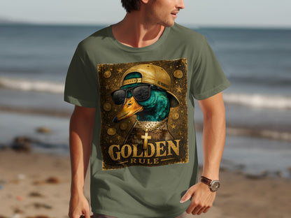 T-shirt graphic of a duck wearing sunglasses, hat, and gold chain with "Golden Rule" text.