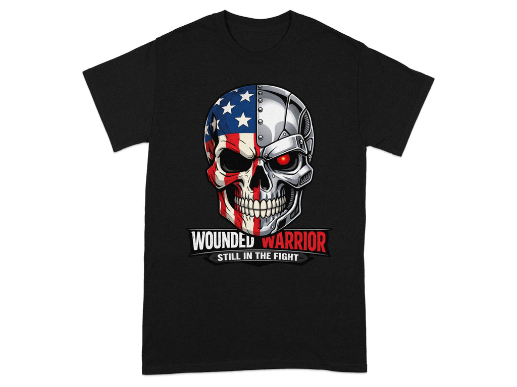 Black t-shirt with a skull graphic, half American flag, half mechanical with red eye.