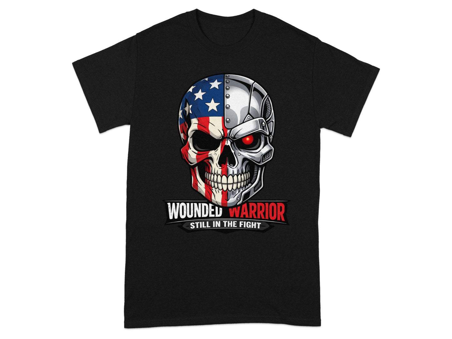 Black t-shirt with a skull graphic, half American flag, half mechanical with red eye.