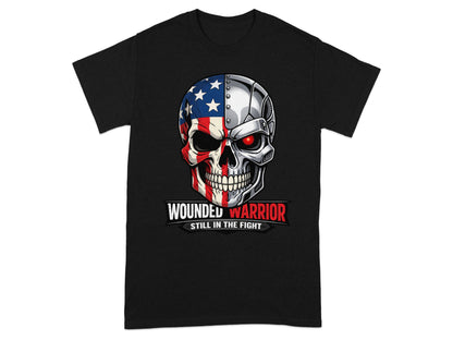 Black t-shirt with a skull graphic, half American flag, half mechanical with red eye.