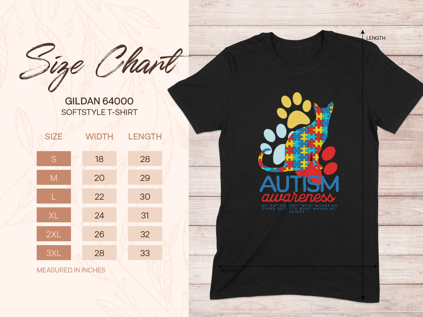 Black Gildan t-shirt with autism awareness cat graphic and size chart.