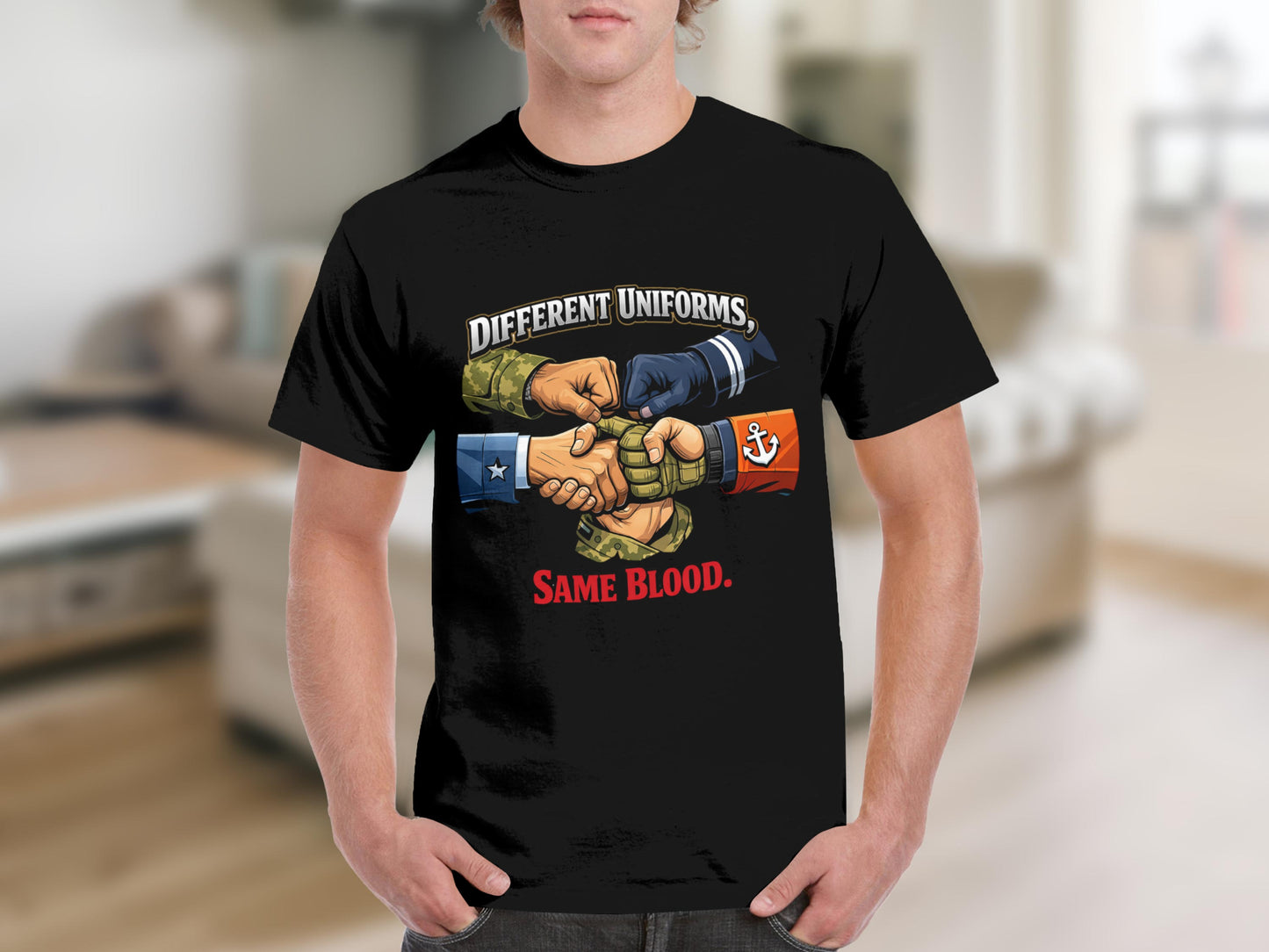 Black t-shirt graphic with shaking hands from different services and text "DIFFERENT UNIFORMS, SAME BLOOD."