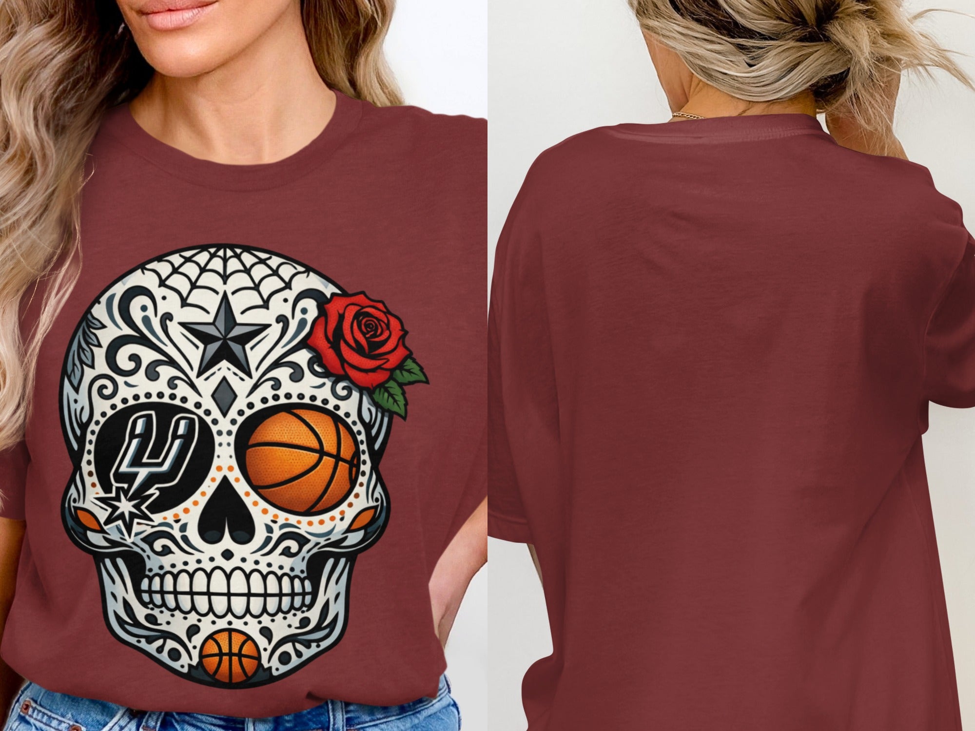 Maroon t-shirt with a sugar skull graphic featuring a basketball and Spurs logo.