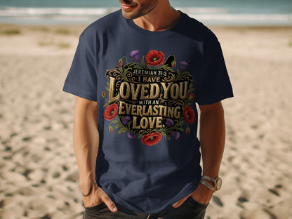 Navy t-shirt with "I Have Loved You With An Everlasting Love" text and floral design.