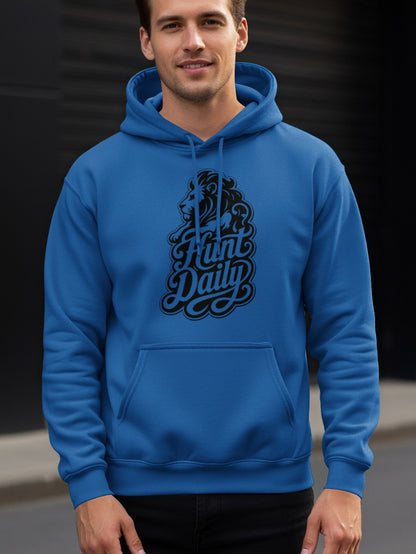 Blue hoodie with black lion and "Hunt Daily" graphic on chest.