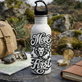 White water bottle with black text "Move First" and a lion design.